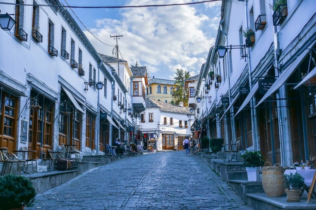 A charming and picturesque street in Gjirokastër, a historic city in Albania. 