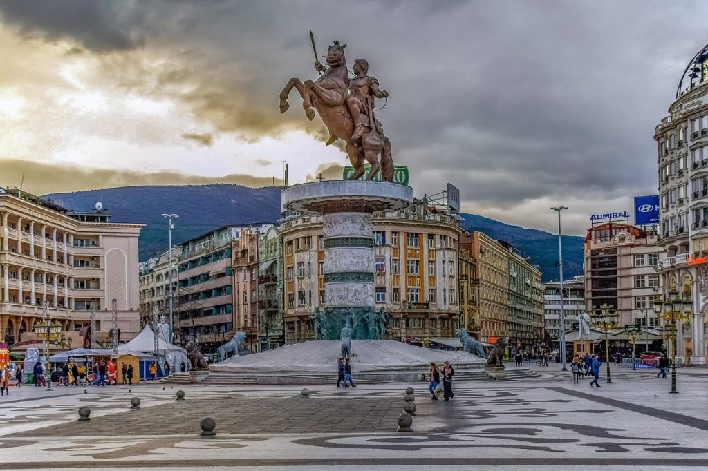 Skopje Square, the central square of Skopje, North Macedonia, adorned with a magnificent statue of a man on a horse in its center. 